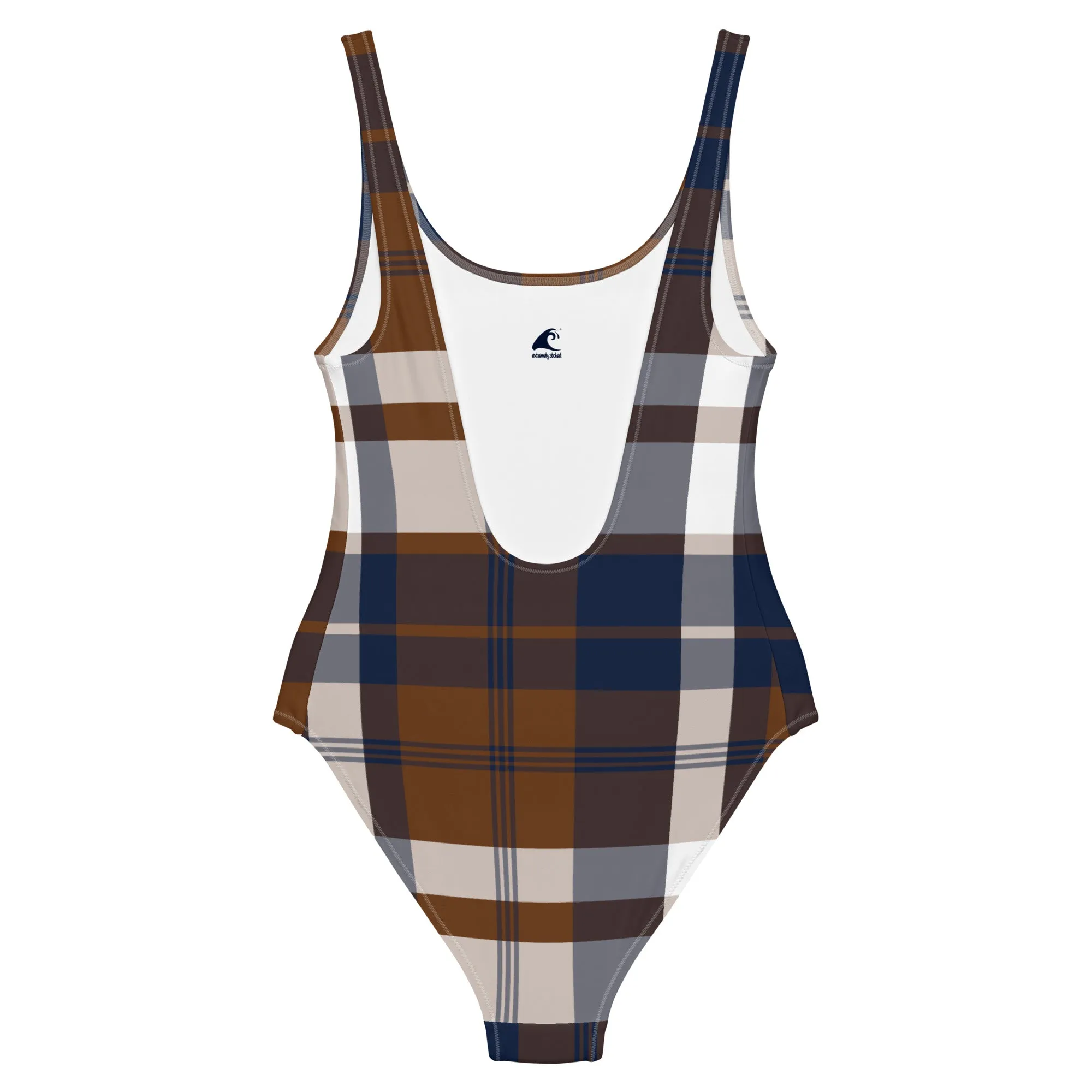 Navy Blue and Brown Preppy Plaid One Piece Women's Swimsuit