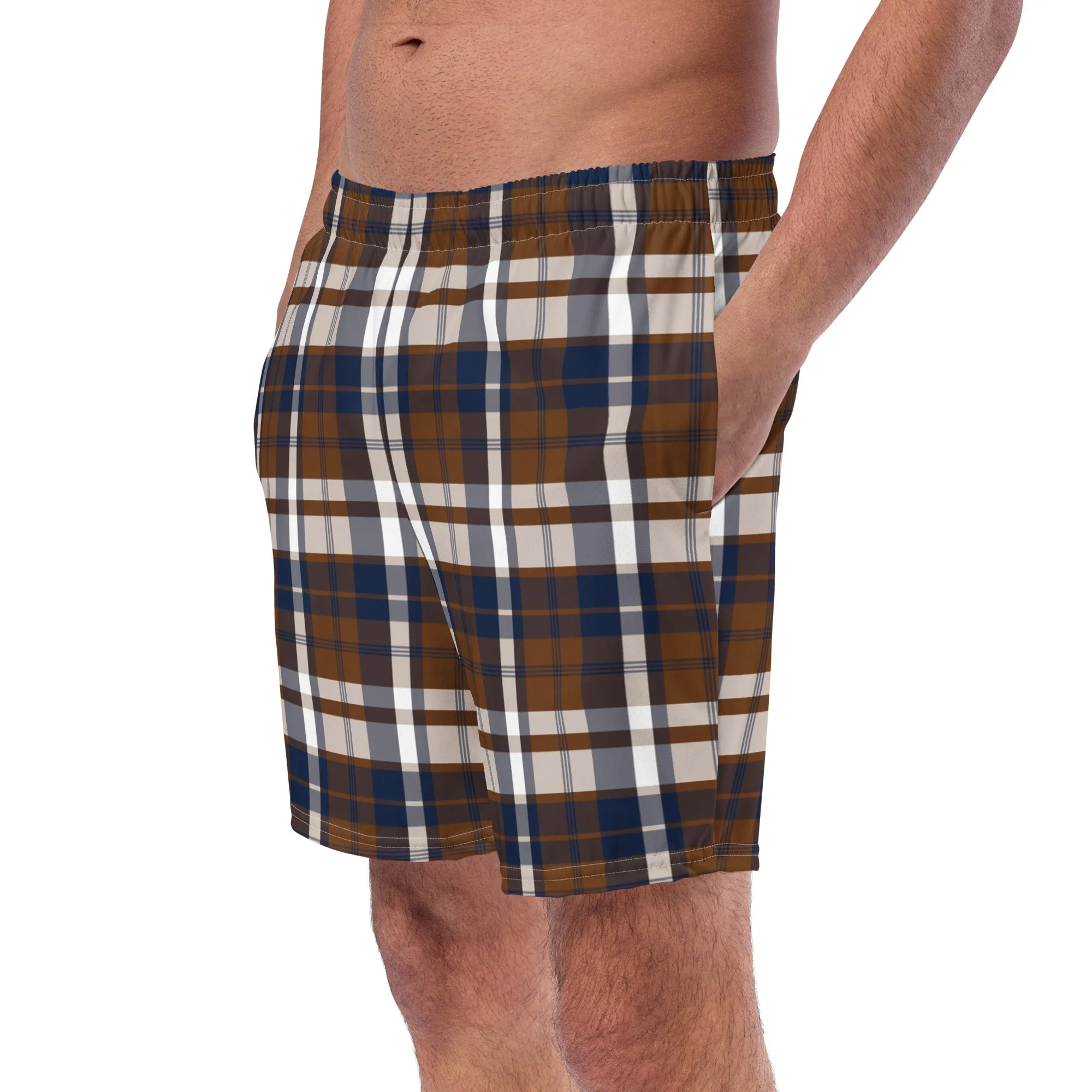 Navy Blue and Brown Preppy Surfer Plaid Men's Swimsuit