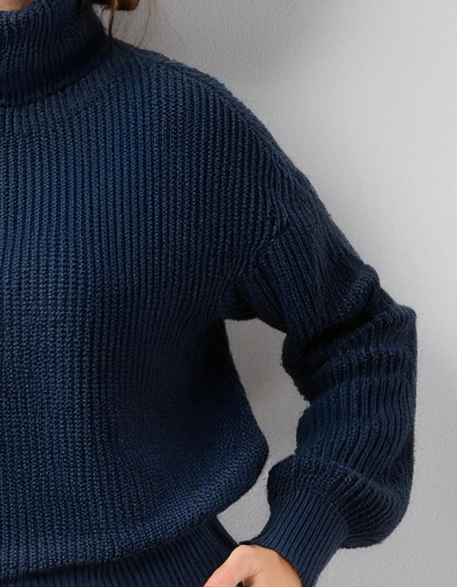 Navy Blue Textured Turtleneck Top