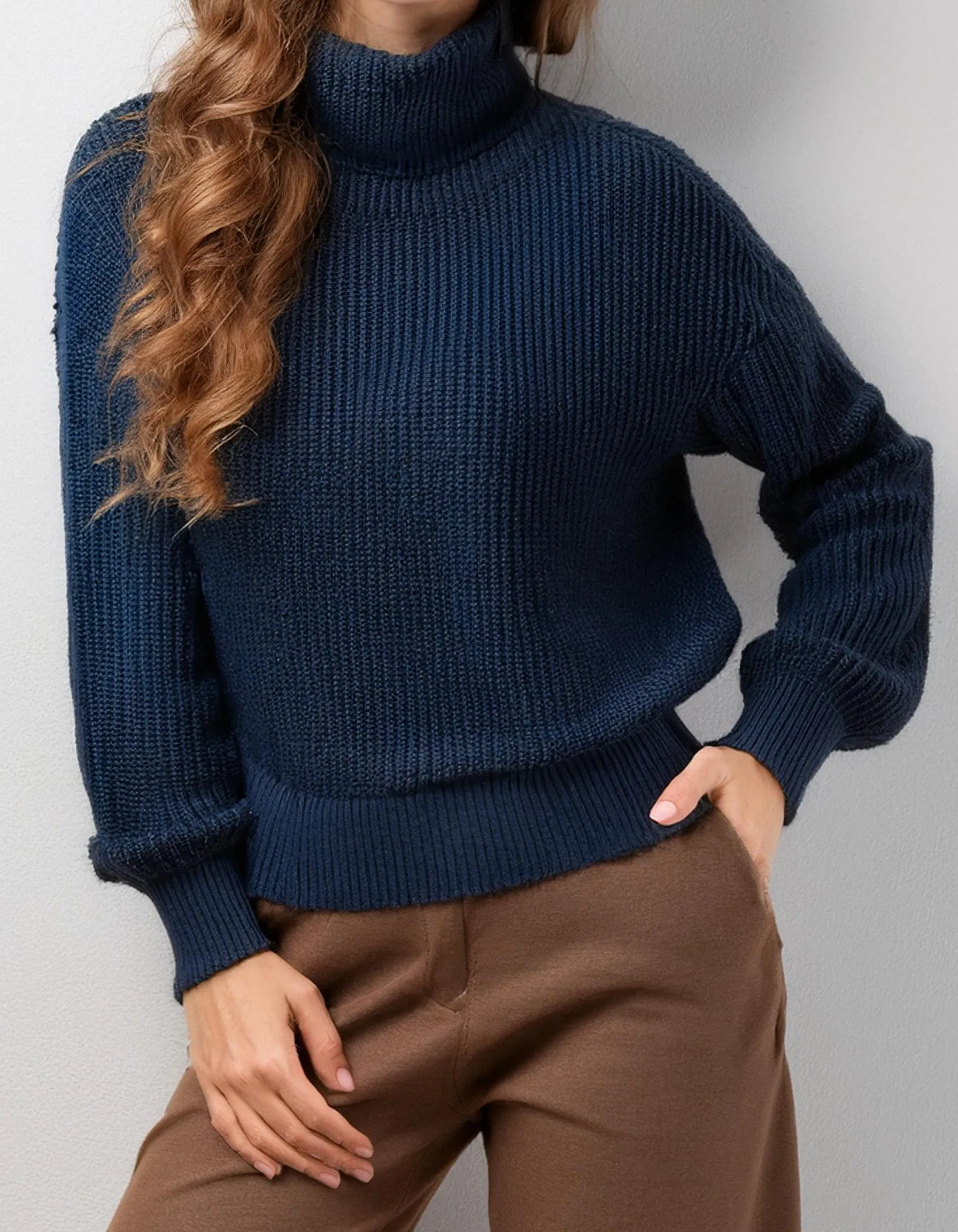 Navy Blue Textured Turtleneck Top