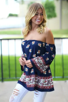 Navy Floral Off Shoulder Top