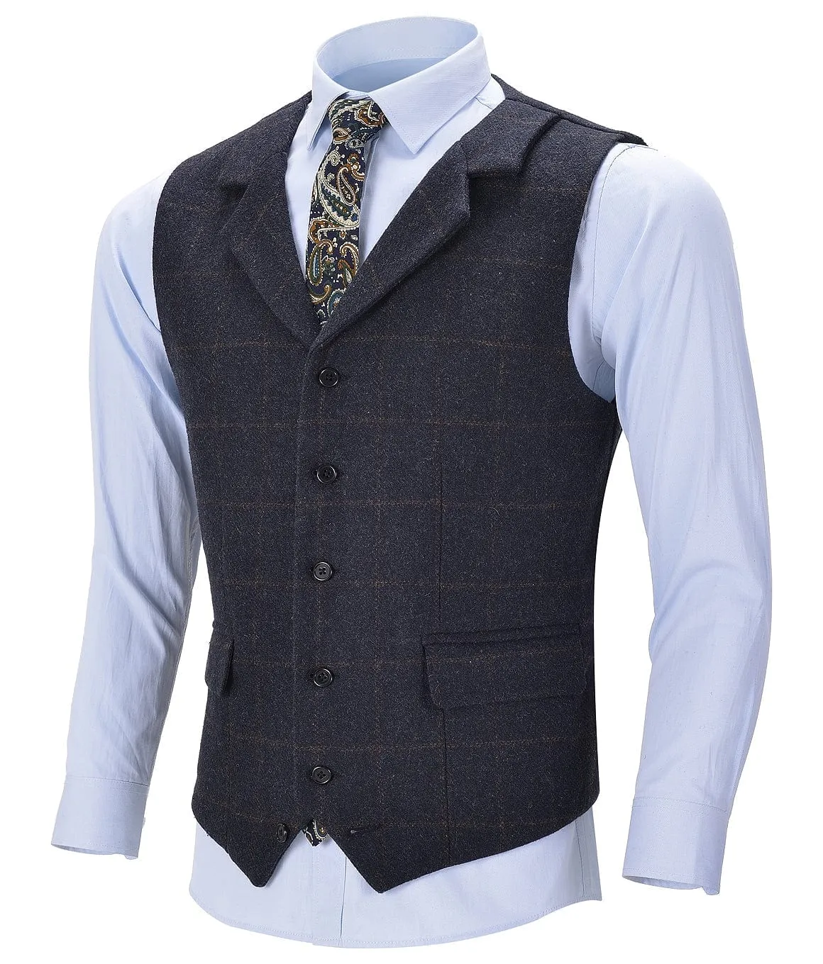 Navy Formal Plaid Notch Lapel Waistcoat Slim Fit Suit Vest