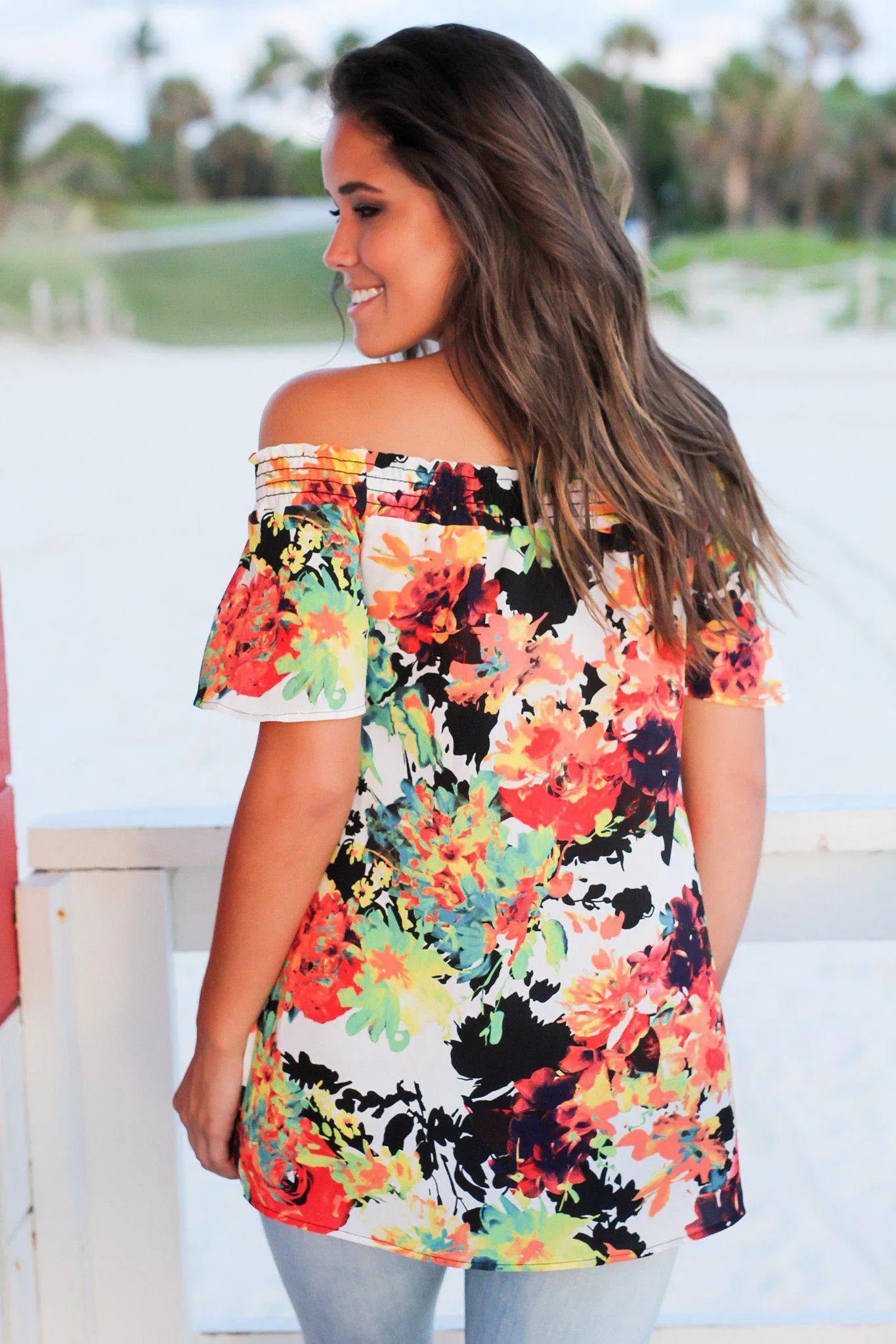 Neon Floral Off Shoulder Top with Short Sleeves