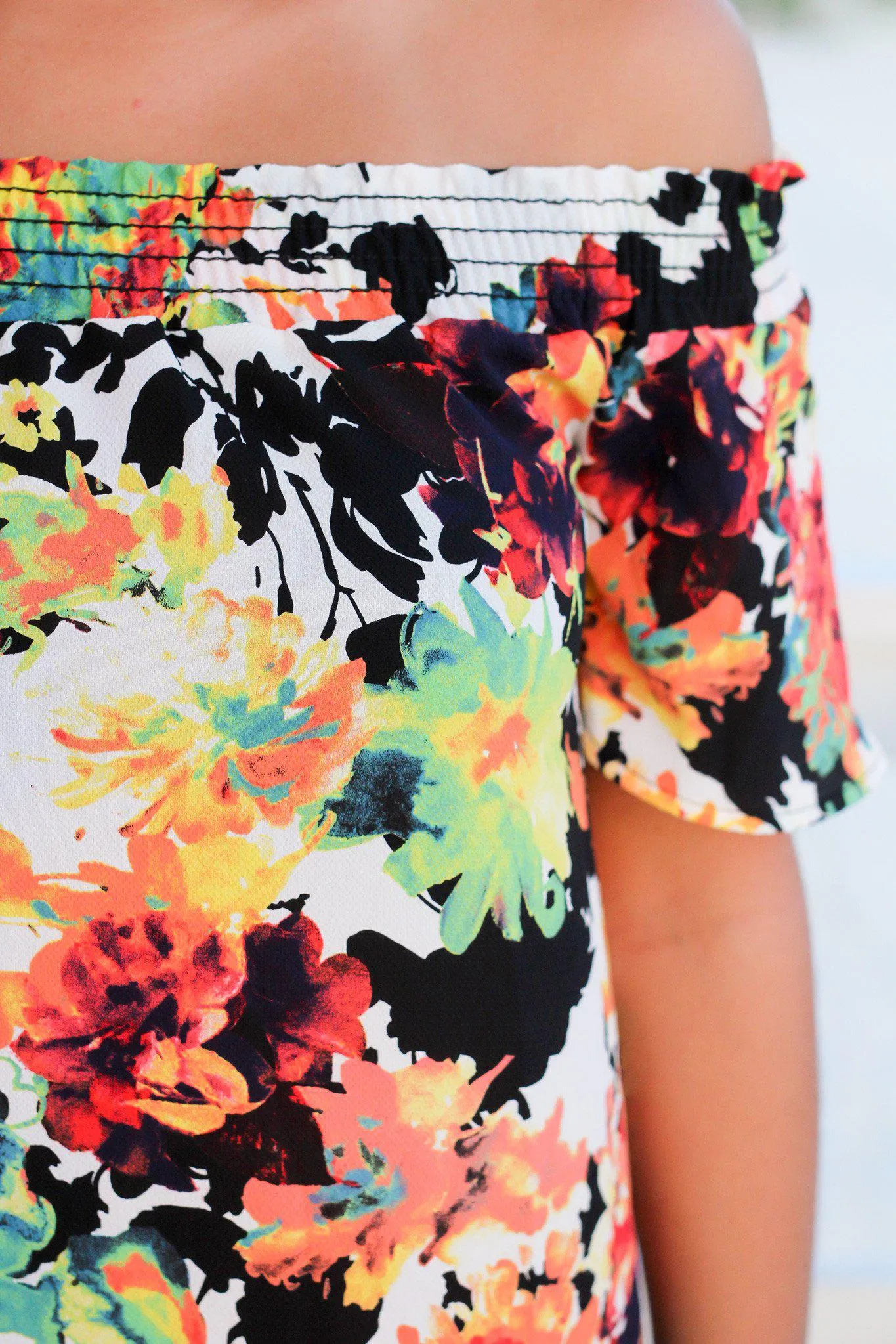 Neon Floral Off Shoulder Top with Short Sleeves