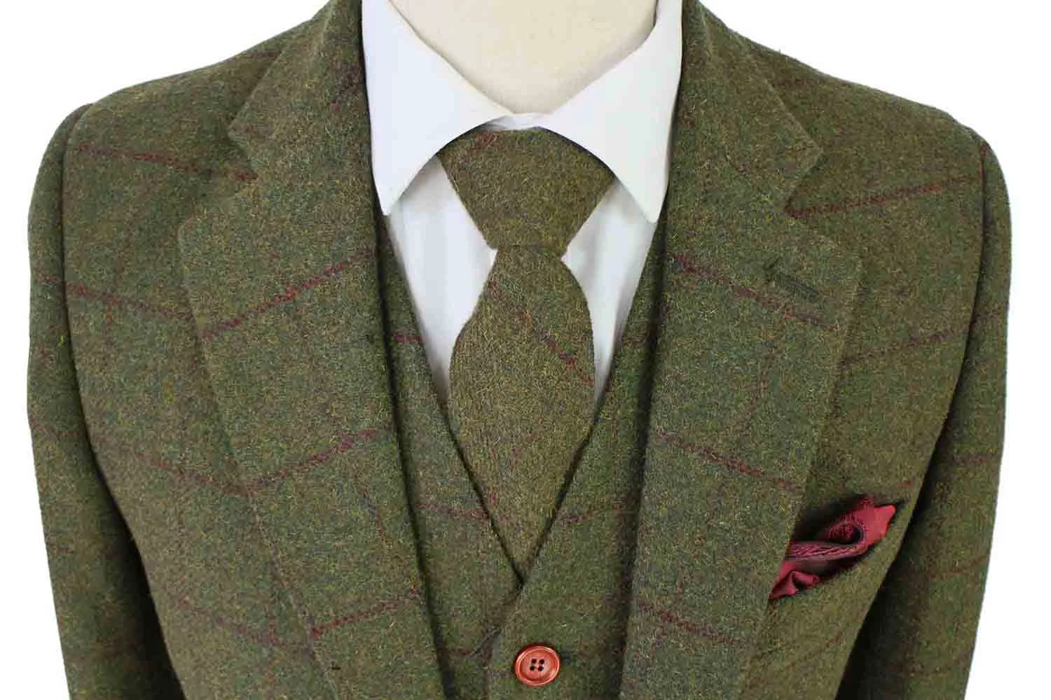 OLIVE GREEN PLAID TWEED 3 PIECE SUIT