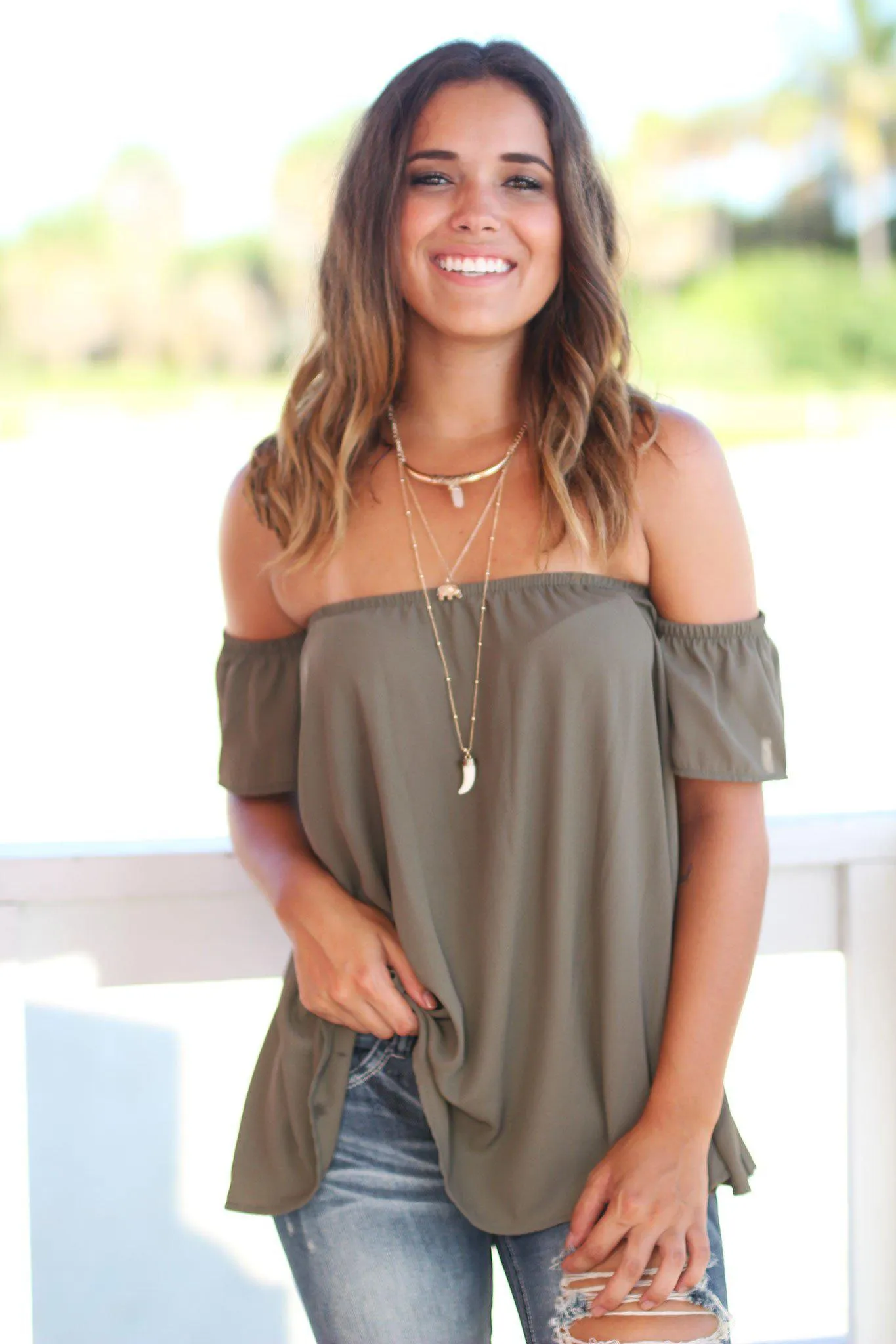 Olive Off Shoulder Top with Short Sleeves