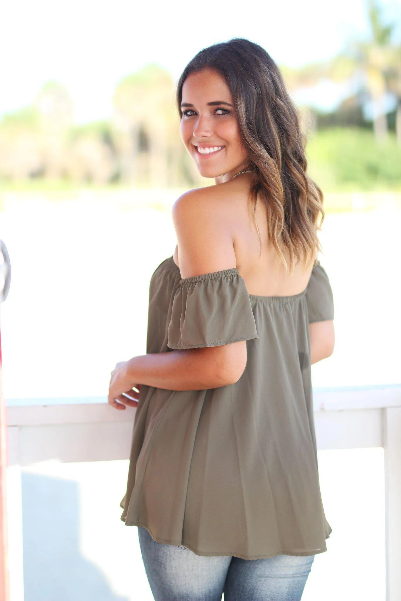 Olive Off Shoulder Top with Short Sleeves