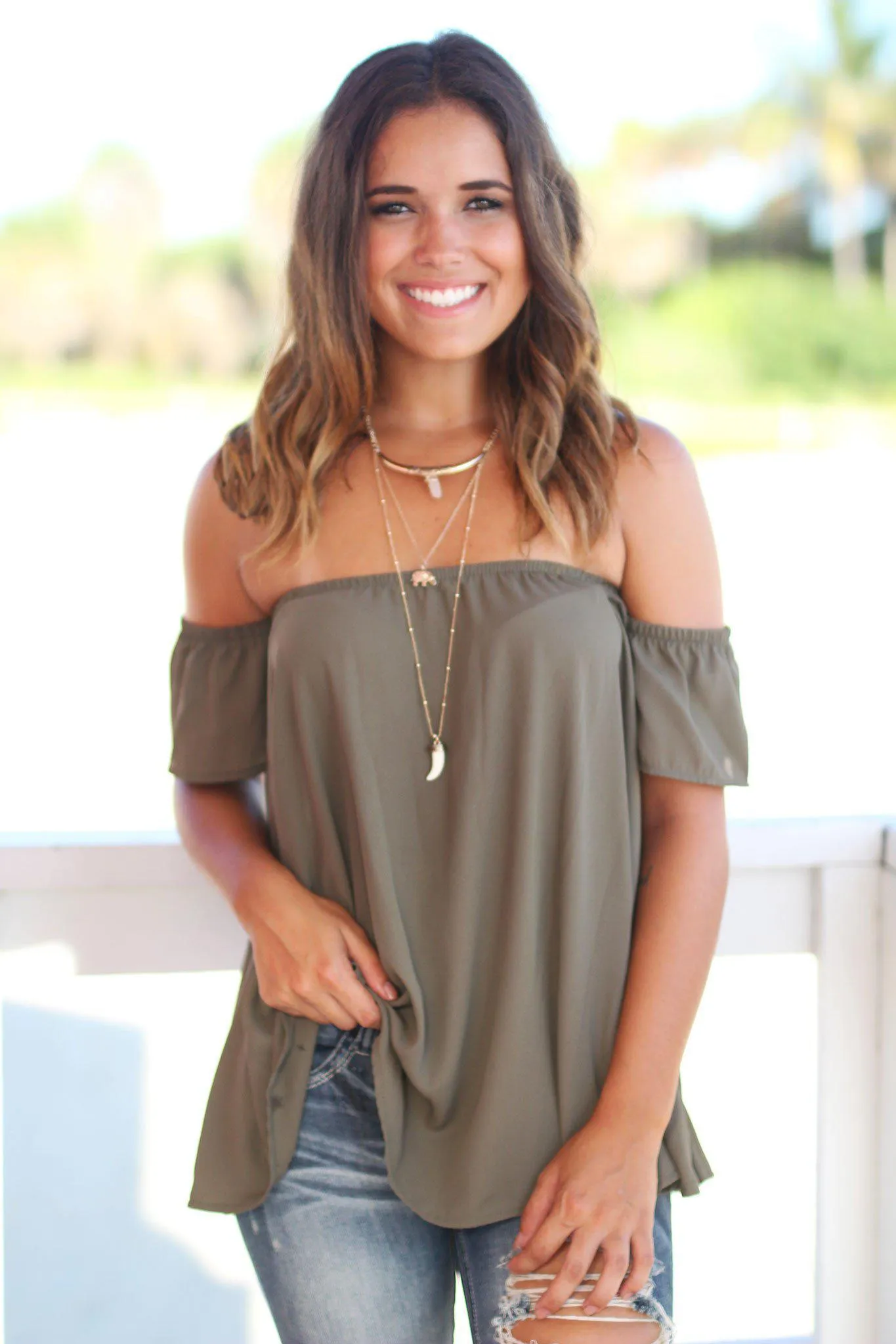 Olive Off Shoulder Top with Short Sleeves