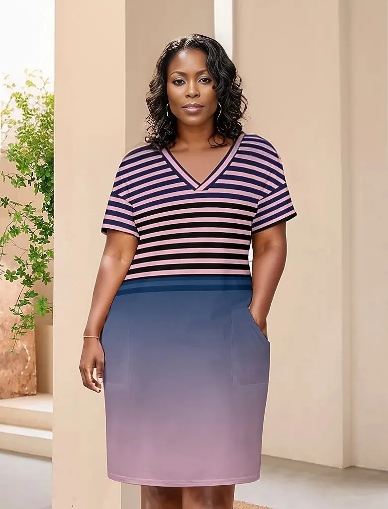 Ombre Striped Voluptuous ( ) Loose Pocket Plus Size Dress