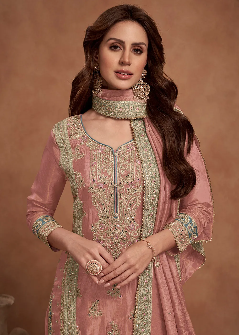 Peachy Pink Embroidered Real Simar Silk Palazzo Suit