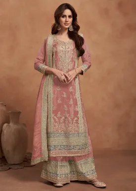 Peachy Pink Embroidered Real Simar Silk Palazzo Suit