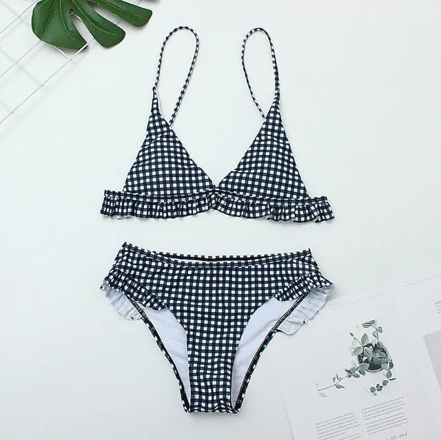 Plaid Sexy Women Bikini Set New Push Up Ruffles Padded Swimwear Bathing Suit Beachwear Swimming