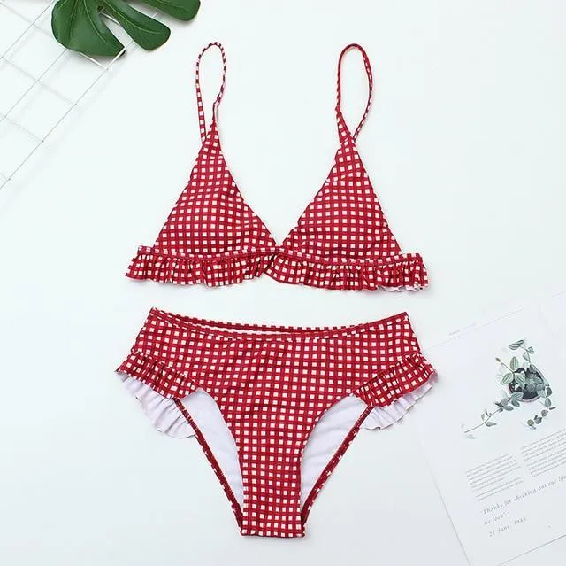 Plaid Sexy Women Bikini Set New Push Up Ruffles Padded Swimwear Bathing Suit Beachwear Swimming