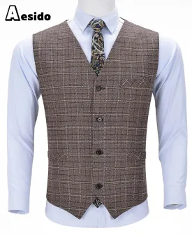 Plaid V Neck Waistcoat Formal Solid Men's Suit Vest