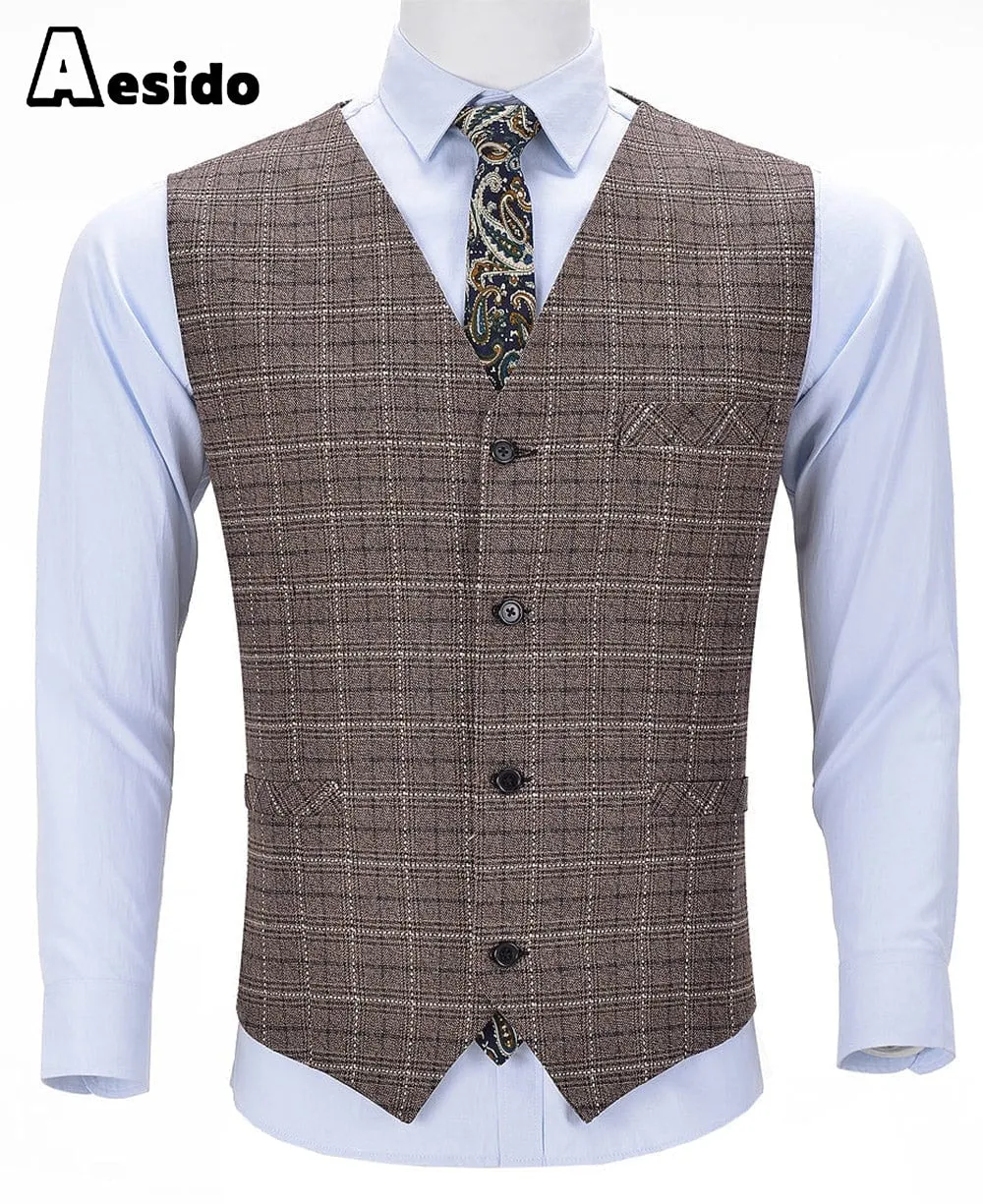 Plaid V Neck Waistcoat Formal Solid Men's Suit Vest