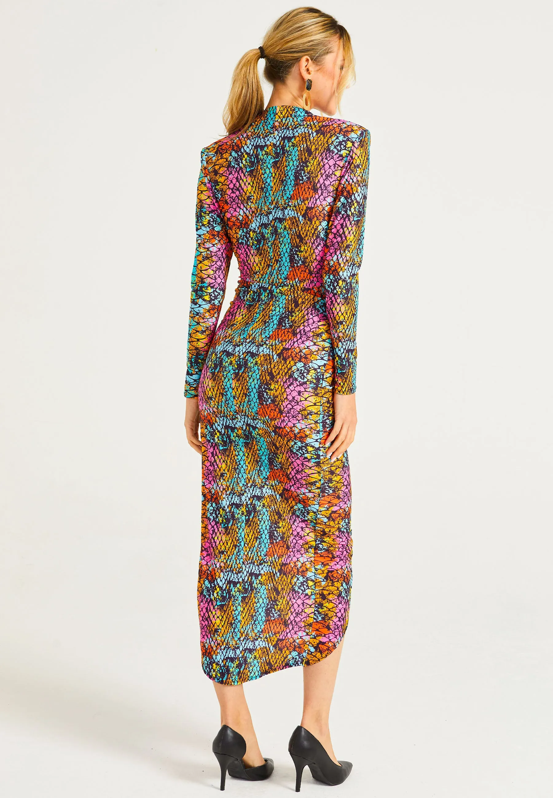 Plunge Neck Faux Wrap Print Midi Dress in Multi Snake