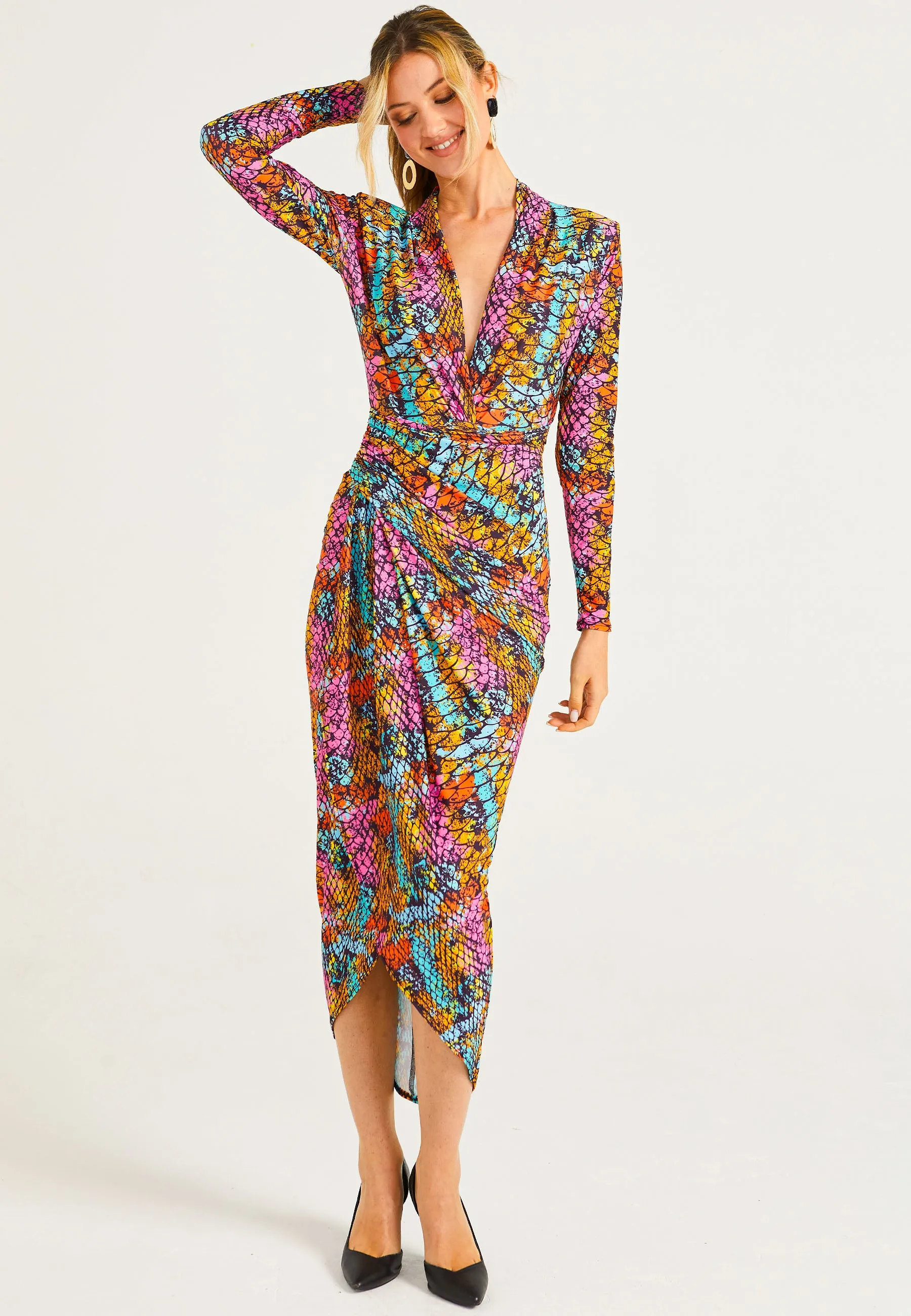 Plunge Neck Faux Wrap Print Midi Dress in Multi Snake