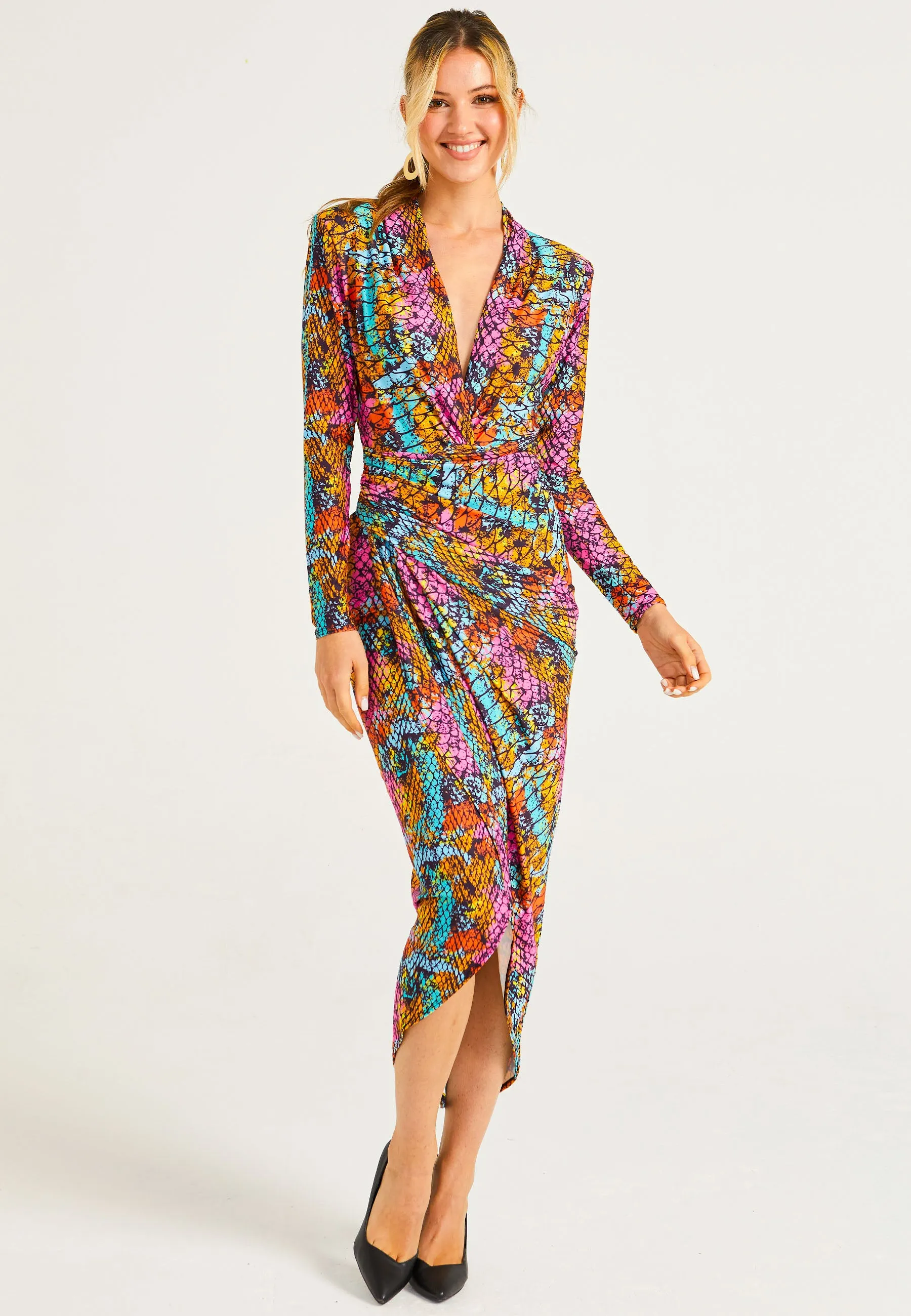 Plunge Neck Faux Wrap Print Midi Dress in Multi Snake