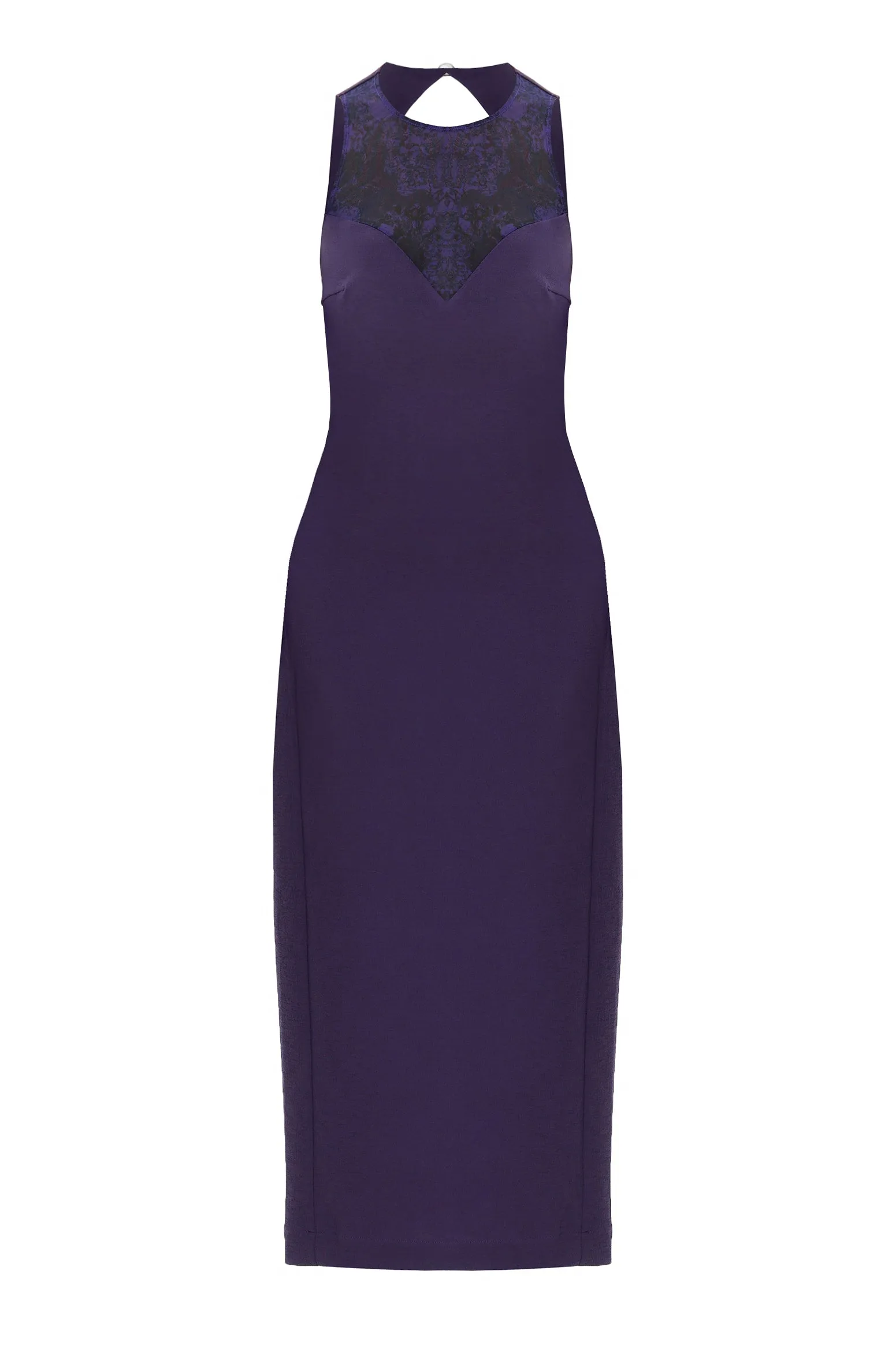 Purple Sleeveless Crew Neck Backless Lace Belted Bodycon Evening Midi Dress