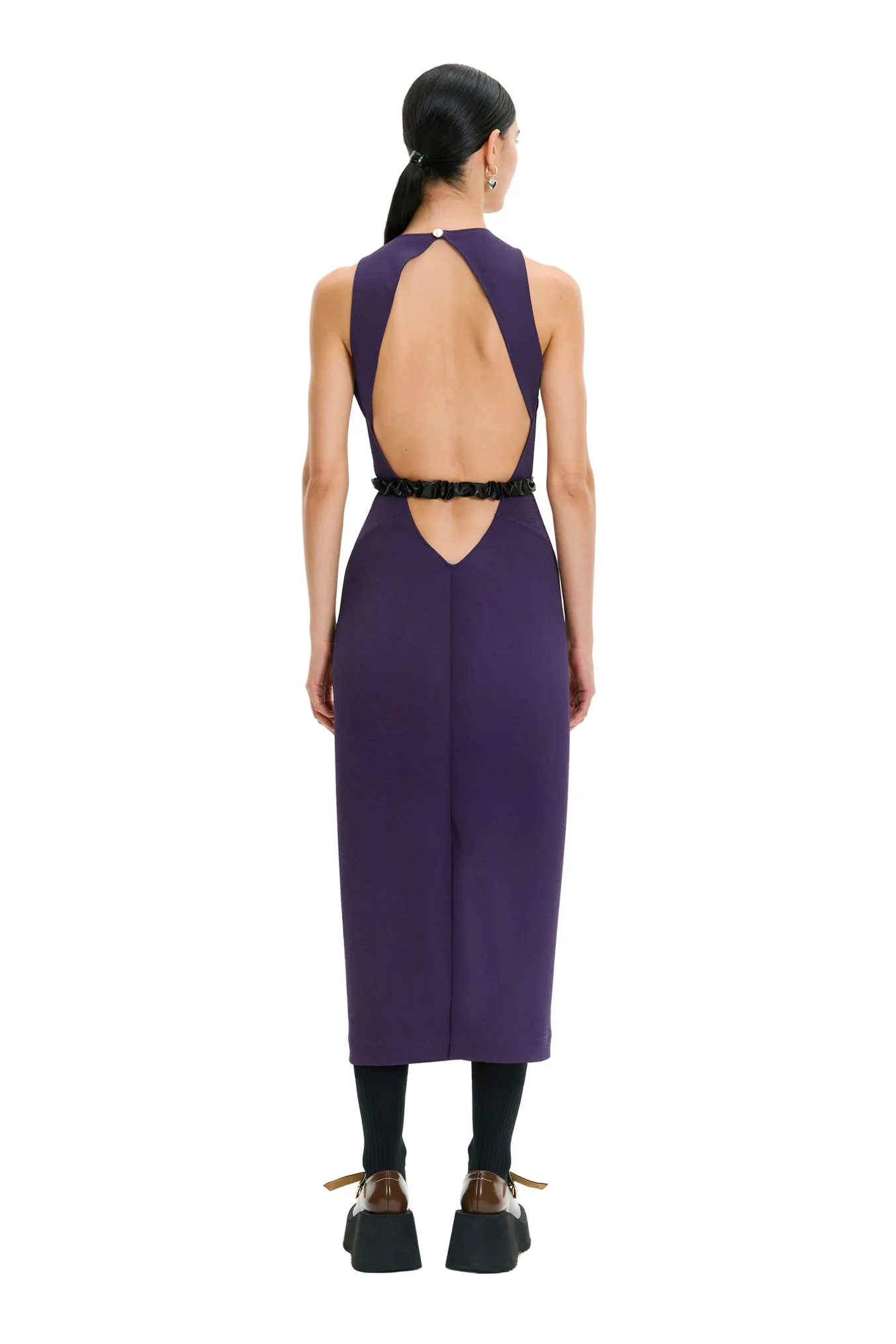 Purple Sleeveless Crew Neck Backless Lace Belted Bodycon Evening Midi Dress