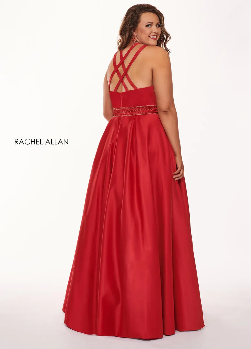 Rachel Allan 6674 Red Satin A-Line Dress with Pockets