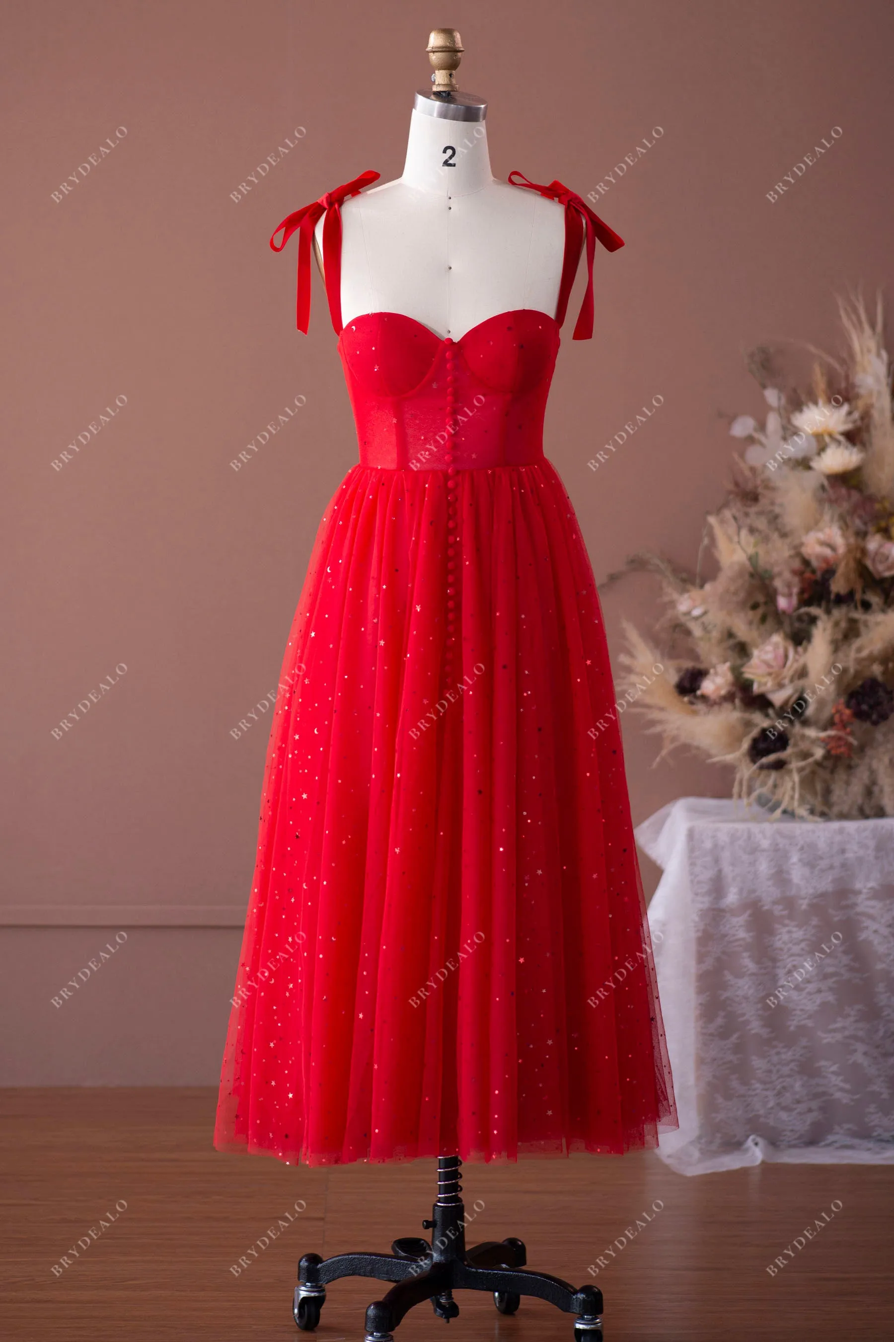 Red Shoulder Tie Corset Star Tea Length Fairy Prom Formal Dress