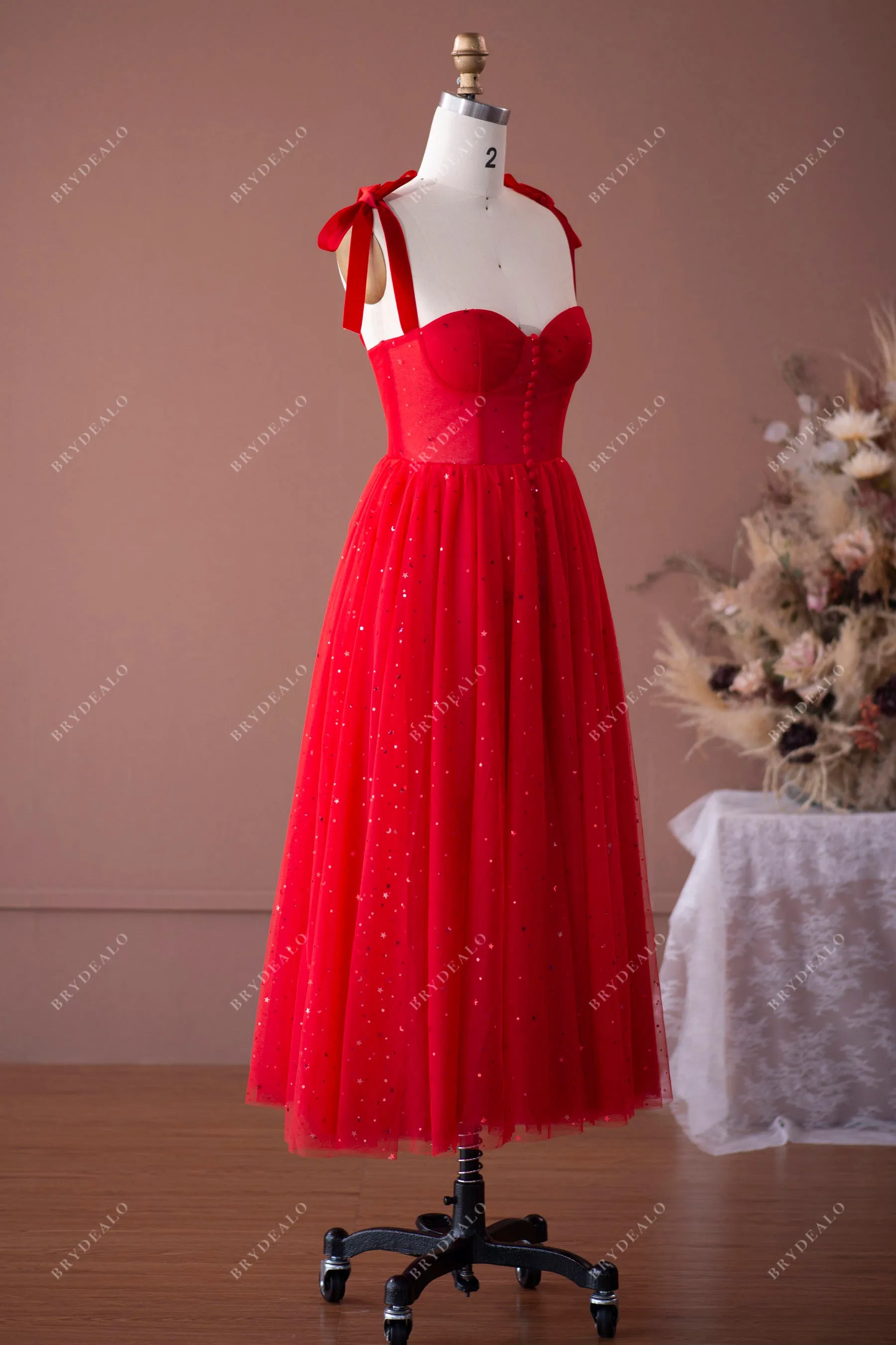 Red Shoulder Tie Corset Star Tea Length Fairy Prom Formal Dress