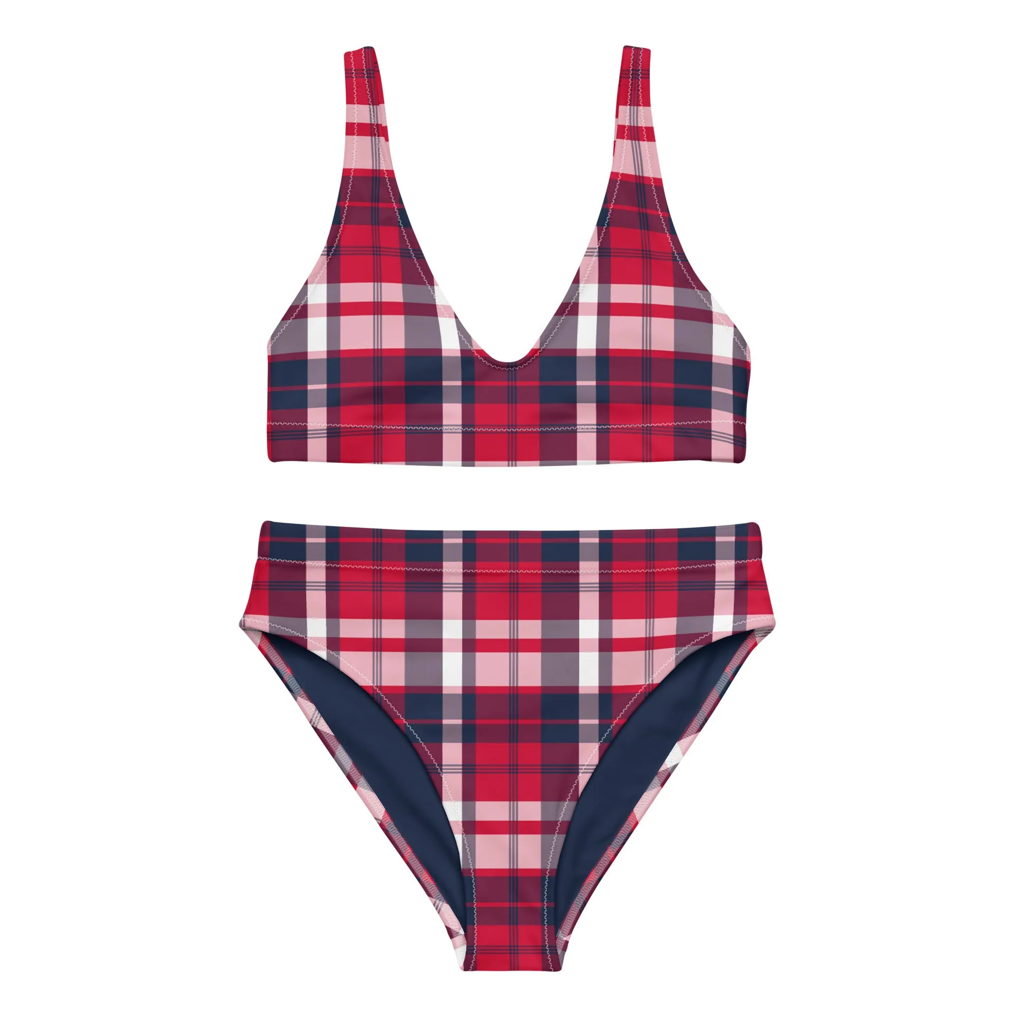 Red, White and Blue Preppy Surfer Girl Plaid High Waisted Bikini