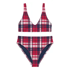 Red, White and Blue Preppy Surfer Girl Plaid High Waisted Bikini