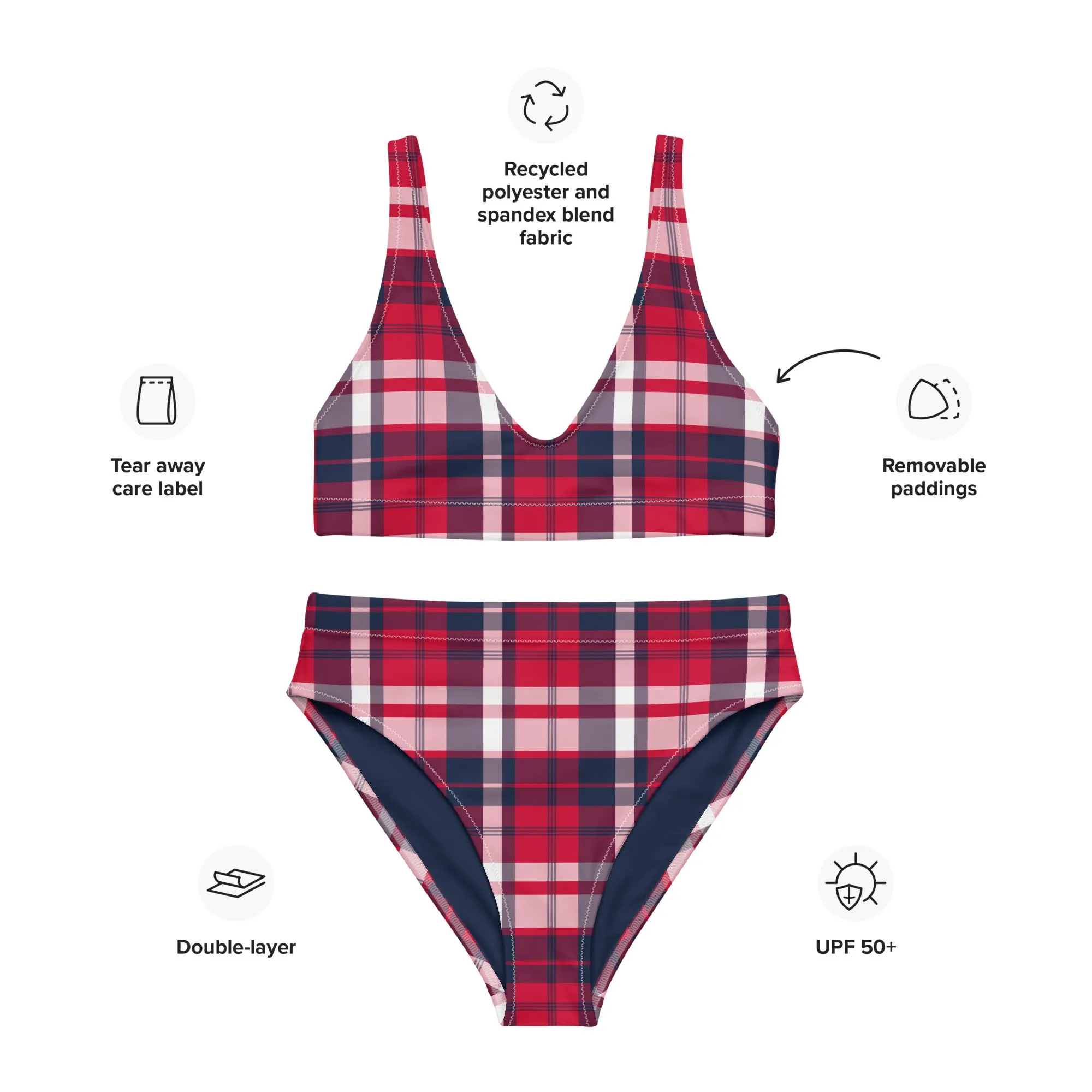 Red, White and Blue Preppy Surfer Girl Plaid High Waisted Bikini