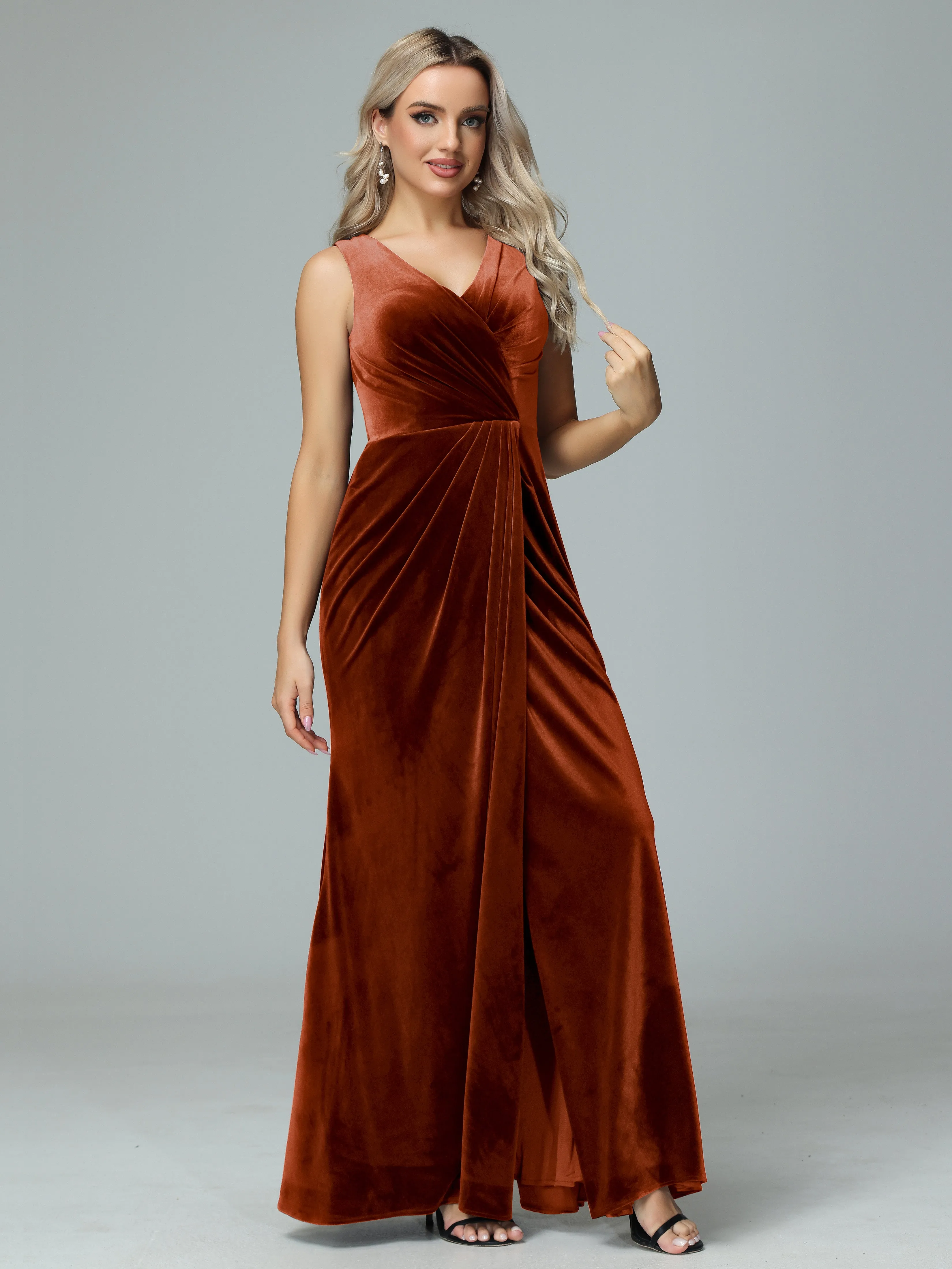 Sheath V-neck Velvet Formal Bridesmaid Dresses