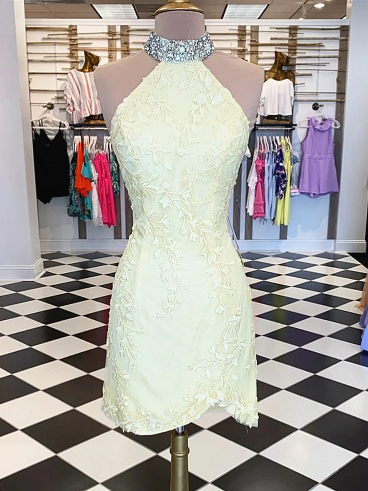 Short Backless Yellow Lace Prom, Short Yellow Backless Lace Formal Homecoming