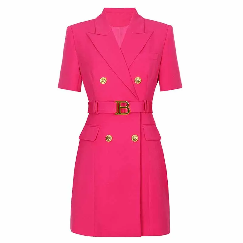 Short Sleeves Double Breasted Gold Button Blazer Dress Women Mini Blazer Dresses