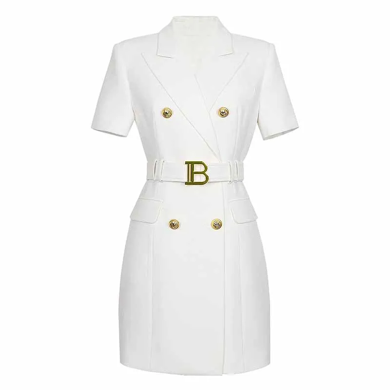 Short Sleeves Double Breasted Gold Button Blazer Dress Women Mini Blazer Dresses