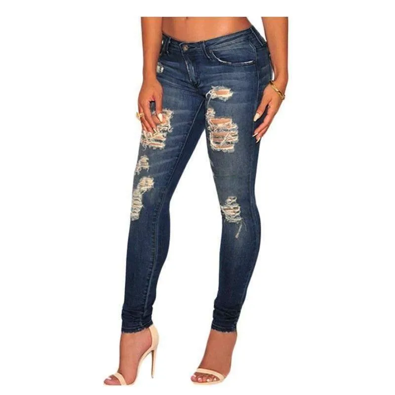 Skinny Sandblast Wash Destroyed Ladies Jeans