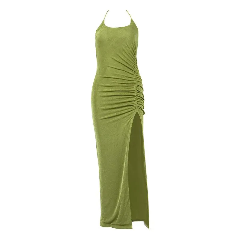 Spaghetti Strap Ruched Cut out Tie up Split Maxi Dress Sexy Bodycon