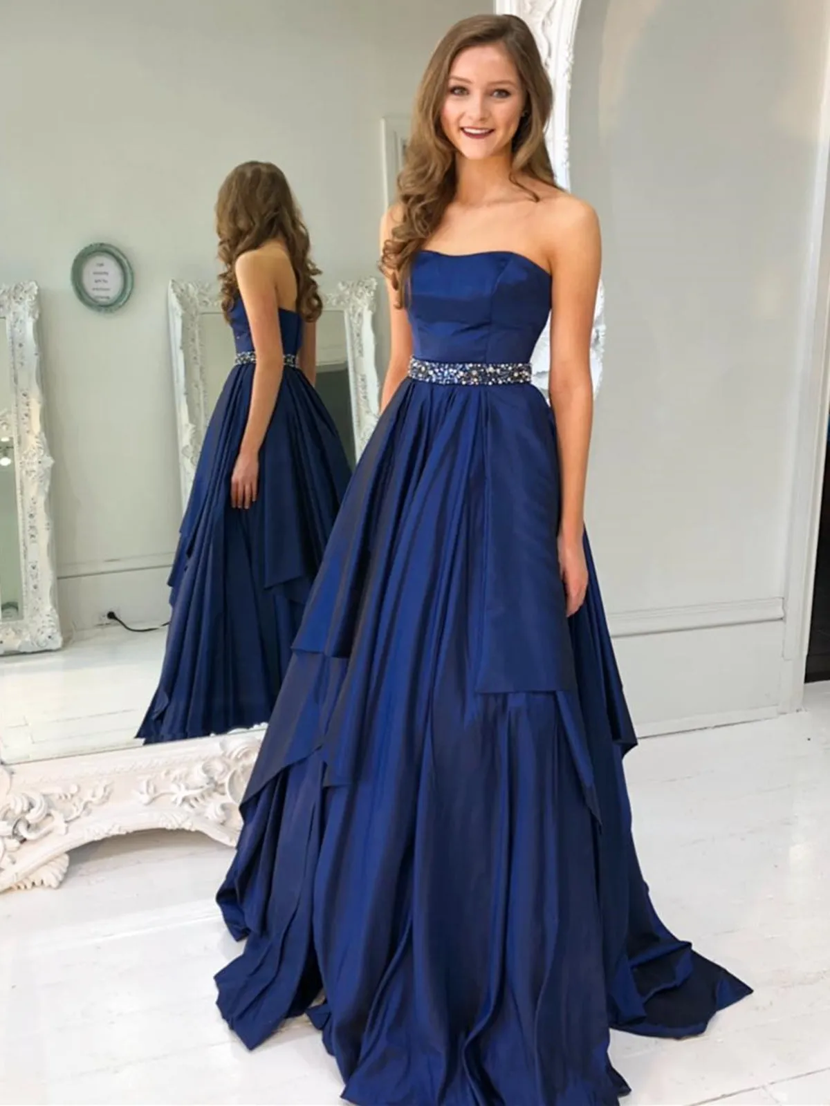 Strapless Navy Blue Satin Layered Long Prom Dresses with Belt, Navy Blue Formal Graduation Evening Dresses