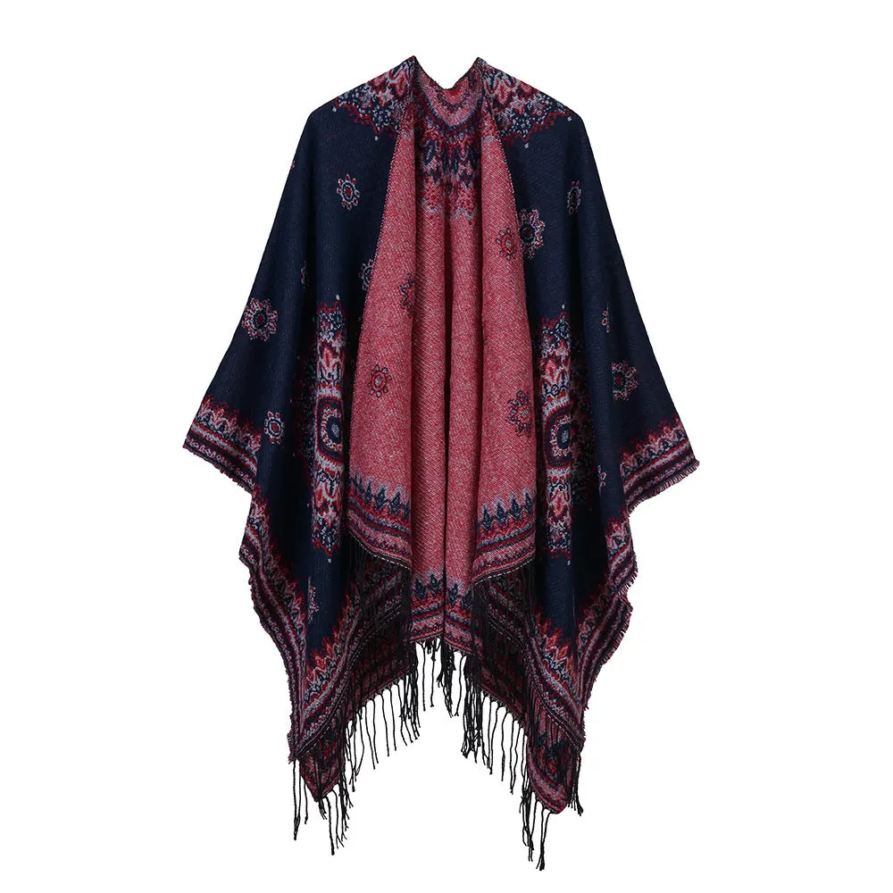 Sunflower Women's Tassel Split Cashmere Cloak Front and Back Cape