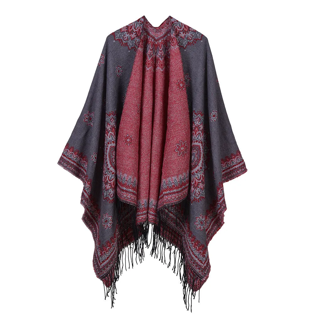 Sunflower Women's Tassel Split Cashmere Cloak Front and Back Cape