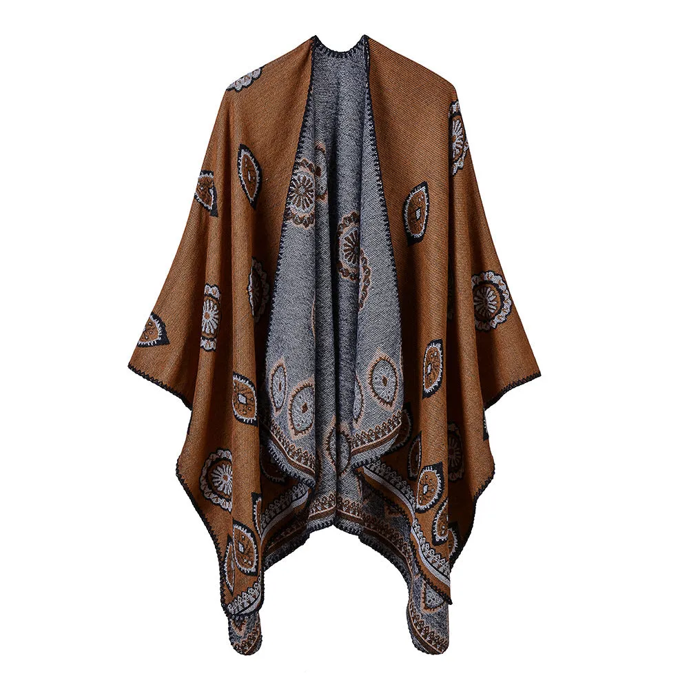 Sunflower Women's Tassel Split Cashmere Cloak Front and Back Cape