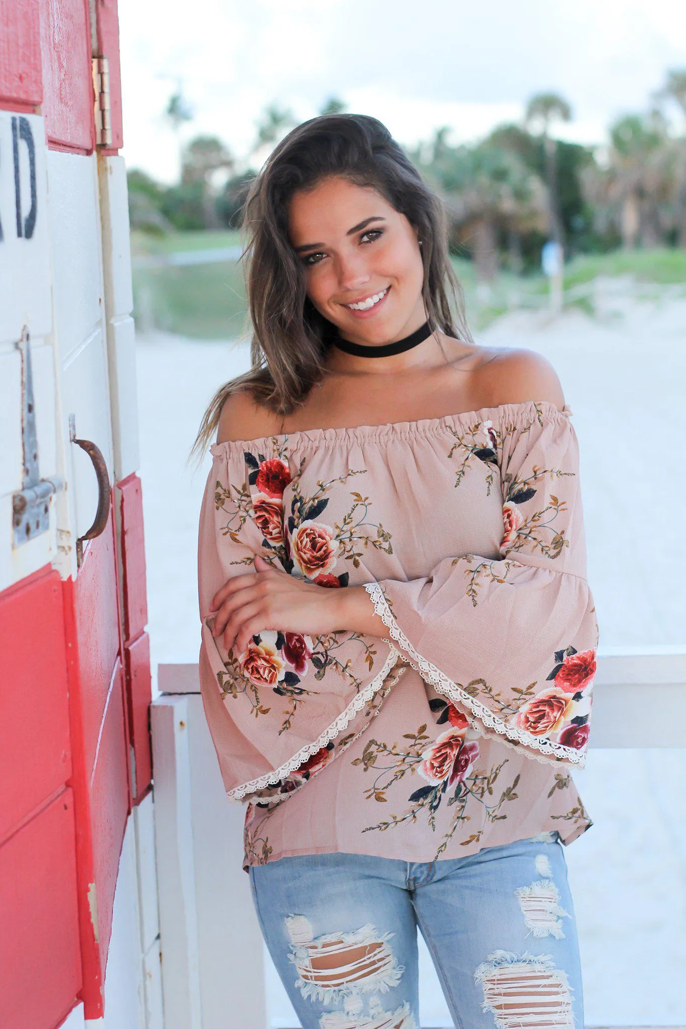 Taupe Floral Off Shoulder Top with Bell Sleeves