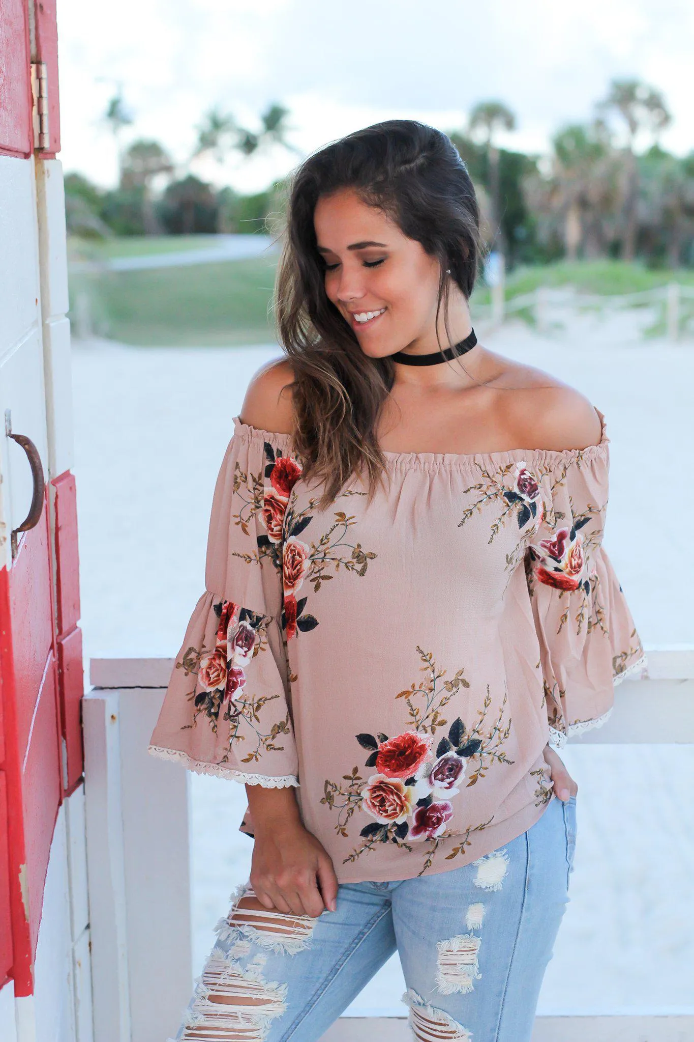 Taupe Floral Off Shoulder Top with Bell Sleeves