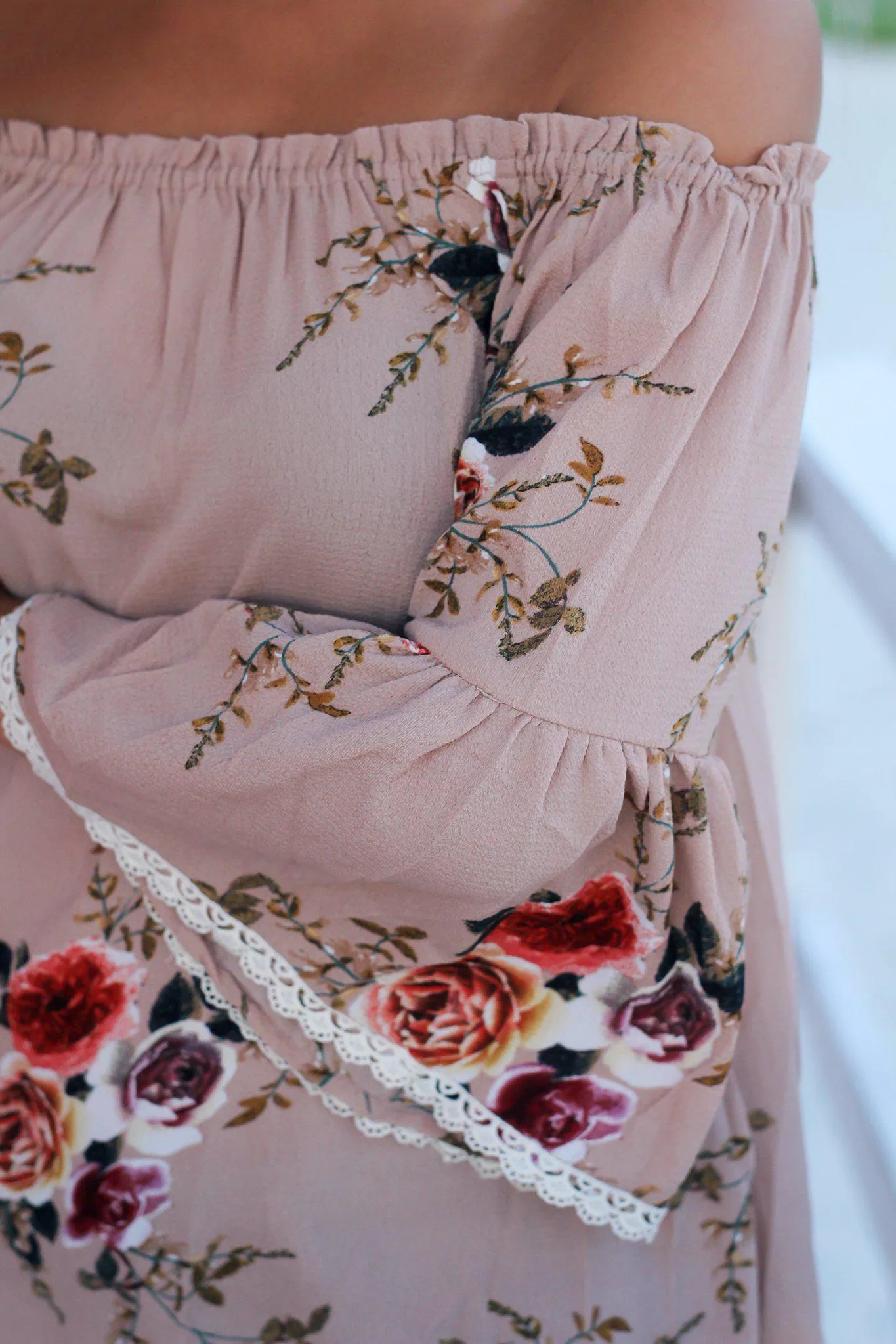 Taupe Floral Off Shoulder Top with Bell Sleeves