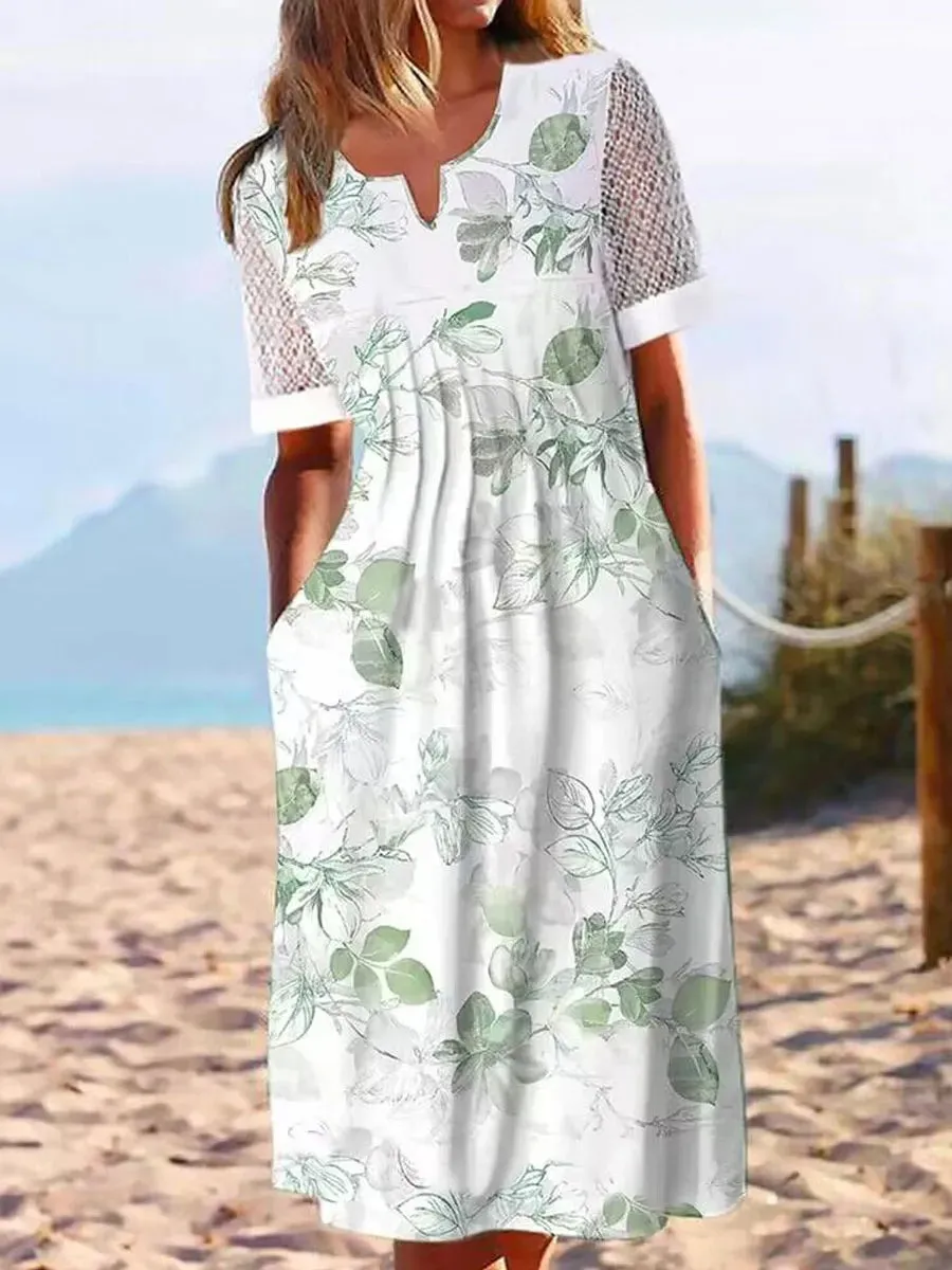 Temperament Holiday Printed Dress Fashion Elegant Casual Dress Woman Short Sleeve Loose Dresses Woman