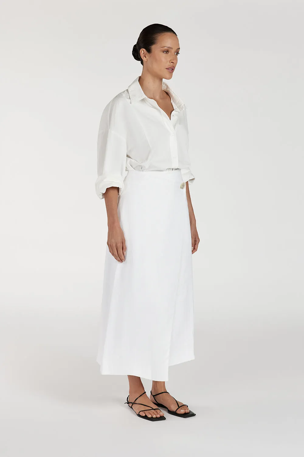 TOMMY WHITE LINEN MIDI SKIRT