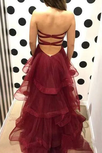 Unique Sweetheart Burgundy Ruffles Organza Layered Skirt Prom SWK14375