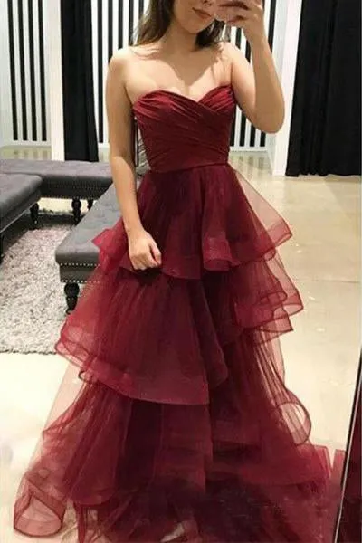 Unique Sweetheart Burgundy Ruffles Organza Layered Skirt Prom SWK14375