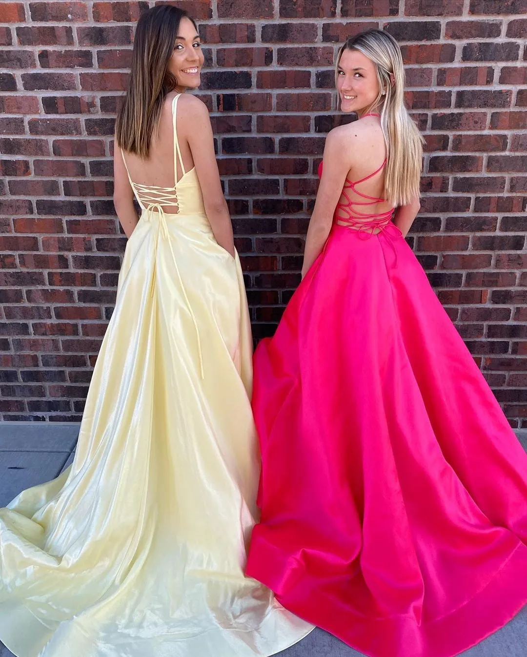 V Neck Backless High Slit Yellow/Hot Pink Long Prom with Pockets, Yellow/Hot Pink Formal Graduation Evening