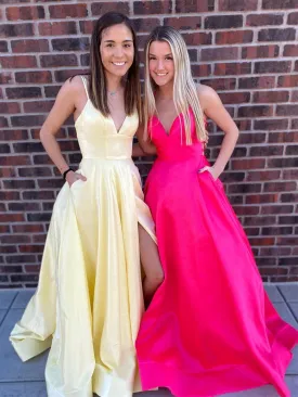 V Neck Backless High Slit Yellow/Hot Pink Long Prom with Pockets, Yellow/Hot Pink Formal Graduation Evening