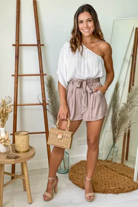 White And Taupe One Shoulder Romper With Pockets